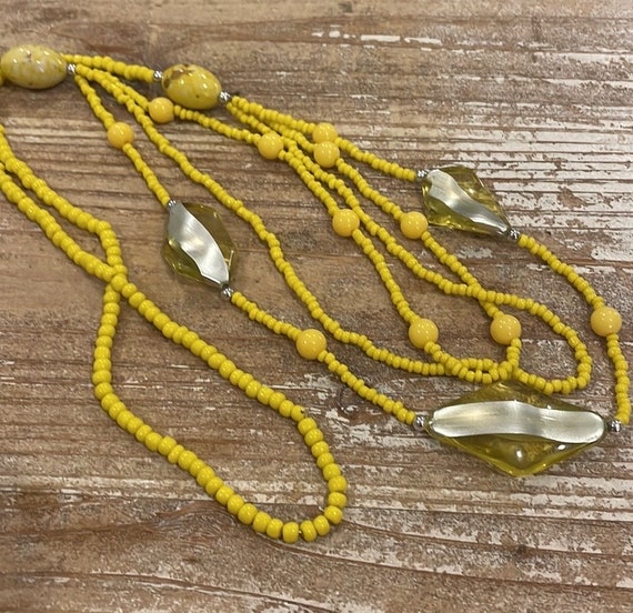 Vintage Yellow Beaded Triple Layer Strand Long St… - image 3