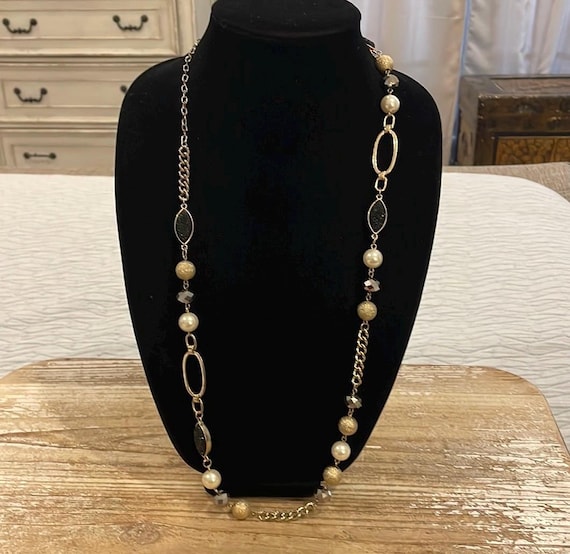 Vintage Gold Tone Chain Faux Pearl Black Beaded Long Statement