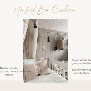 Beige muslin bow cushion | Neutral pillow for girls room | Handmade nursery decor | bow theme image 11