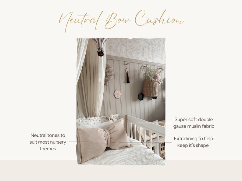 Beige muslin bow cushion | Neutral pillow for girls room | Handmade nursery decor | bow theme image 11