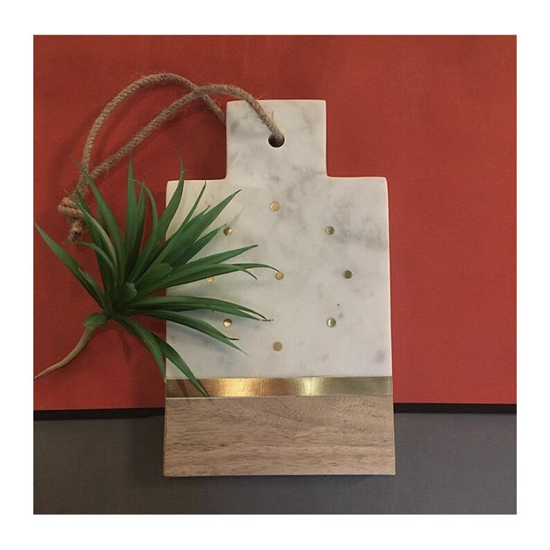 Marble and Mango wood serving board, in rectangle form with brass detail image 2