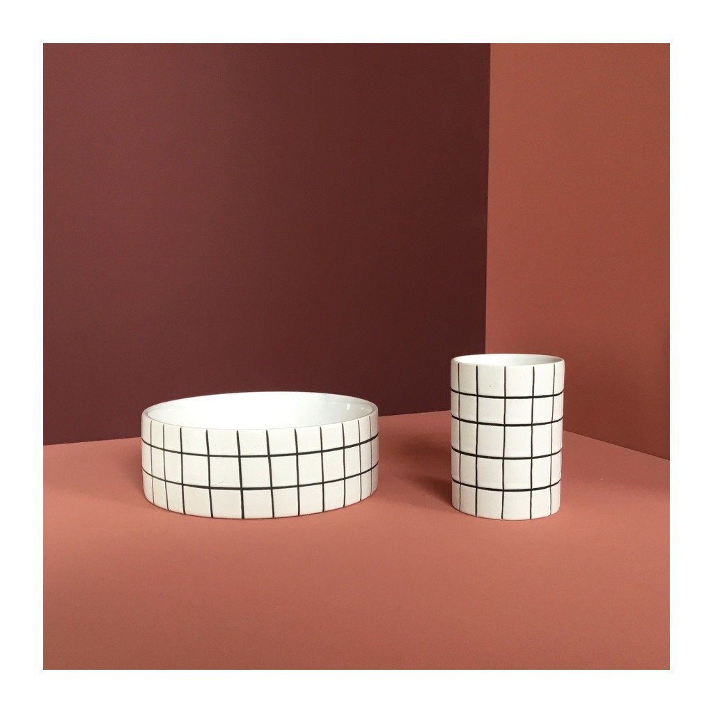 Bol en Céramique/Grès Fait à La Main avec Conception de Grille