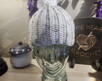 Crochet Winter Ribbed Beanie Hat with Pom Pom - Neutral Cream - One Size Fits Most