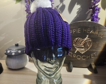 Crochet Winter Ribbed Beanie Hat with Pom Pom - Purple - One Size Fits Most