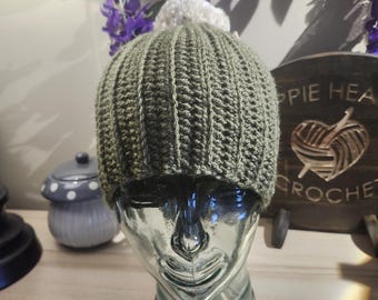 Crochet Winter Hat with Pom Pom - Oliver Green - Small