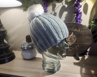 Crochet Winter Ribbed Beanie Hat with Pom Pom - Gray - Small