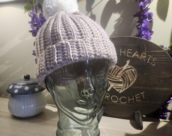 Crochet Winter Ribbed Beanie Hat with Pom Pom - Dusty Pink - One Size Fits Most
