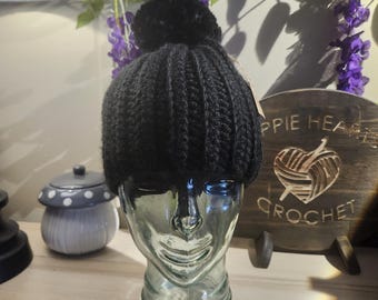 Crochet Winter Ribbed Beanie Hat with Pom Pom - Black - One Size Fits Most