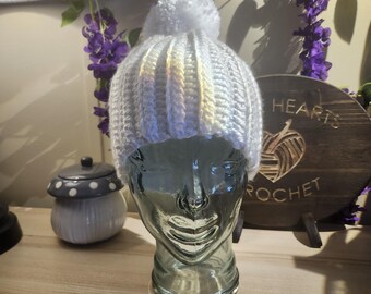 Crochet Winter Ribbed Beanie Hat with Pom Pom - White - Small