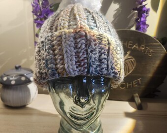 Crochet Winter Ribbed Beanie Hat with Pom Pom - Neutral - Large