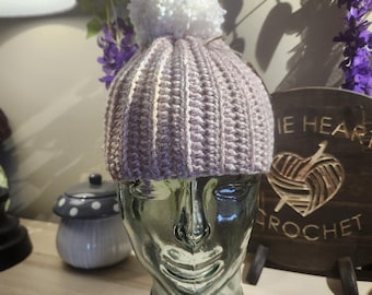 Crochet Winter Ribbed Beanie Hat with Pom Pom - Light Dusty Pink- Small