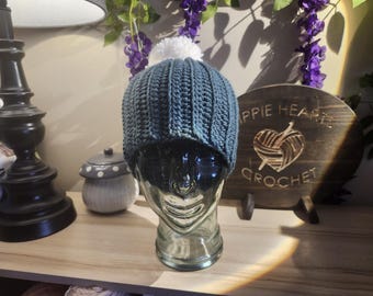 Crochet Winter Ribbed Beanie Hat with Pom Pom - Navy Blue - One Size Fits Most