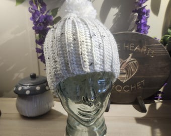 Crochet Winter Ribbed Beanie Hat with Pom Pom - Speckled White - Small