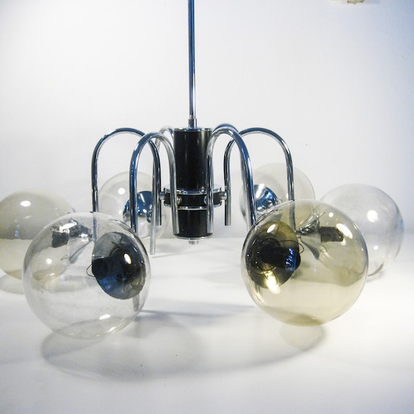 Large chrome chandeliere, mid century light, smokey glass lamp, space age lamp, vintage pendant light, 1970's chandeliere, 6 lights