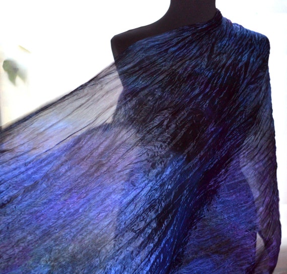 Navy Silk Scarf Dark Blue Purple Black Silk Scarf Ruffled Hand Dyed Silk Scarf Silk Evening Shawl Mens Long Silk Scarf Hand Painted Shawl