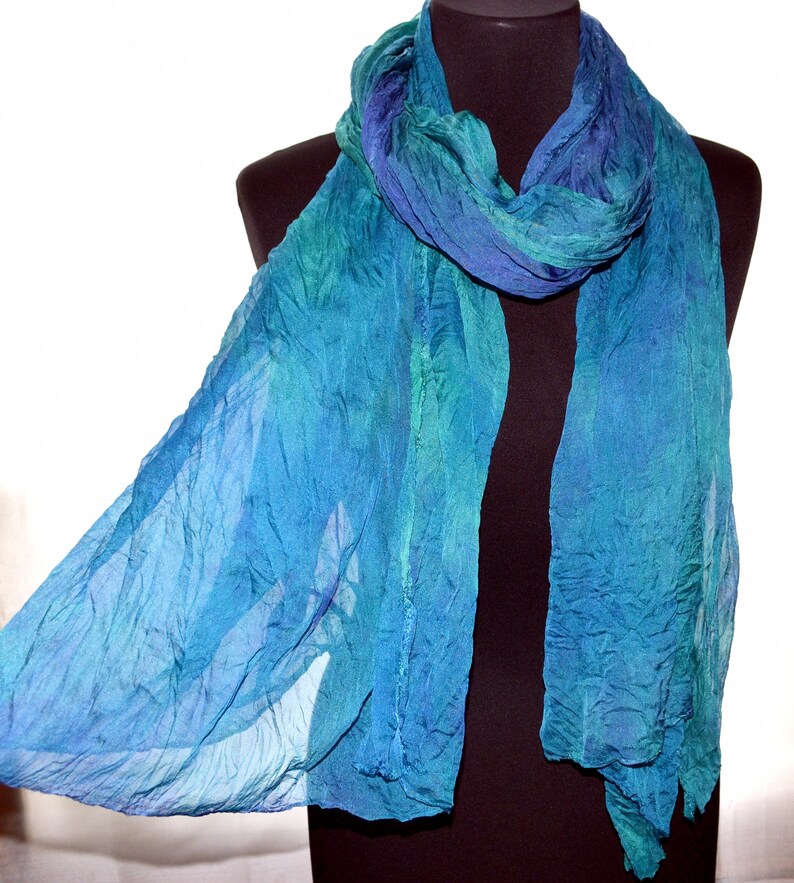 Silk scarf emerald blue lilac chiffon handpainted silk shawl | Etsy