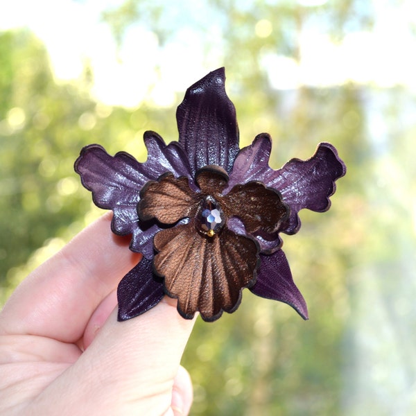 Brooch flower orchid, brooch leather, or hairpins (barrette clip) flower leather, light pink orchid handmade. Ready to Ship!  брошь