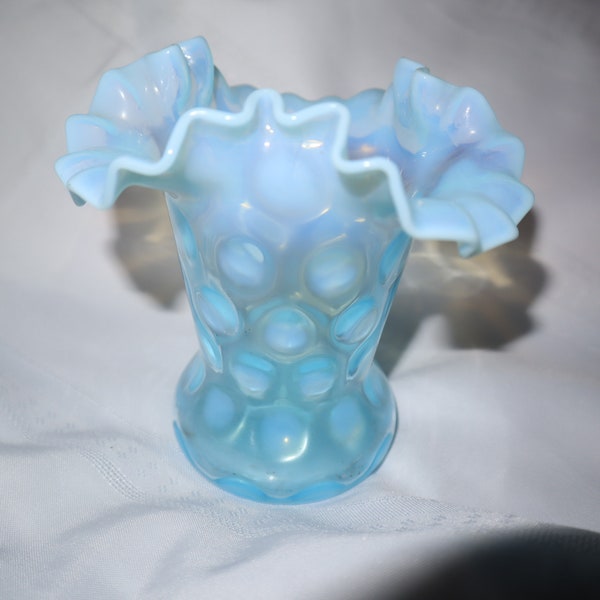 Vintage Lovely  Fenton Blue Opalescent Coin Dot Vase Ruffled Rim 6" UNMARKED