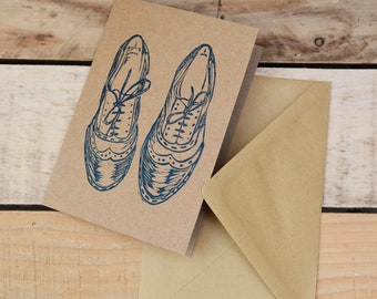 Brogues greeting card , Dancing shoes Linoprint, handprinted, recycled card.