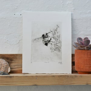 Bumblee Bee Print Black and White , Handmade original print, drypoint. image 3