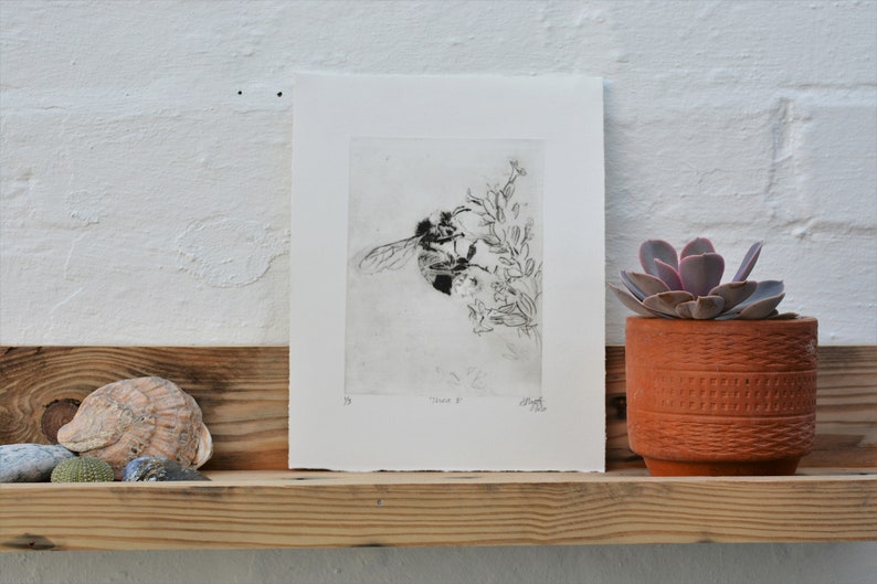 Bumblee Bee Print Black and White , Handmade original print, drypoint. image 3