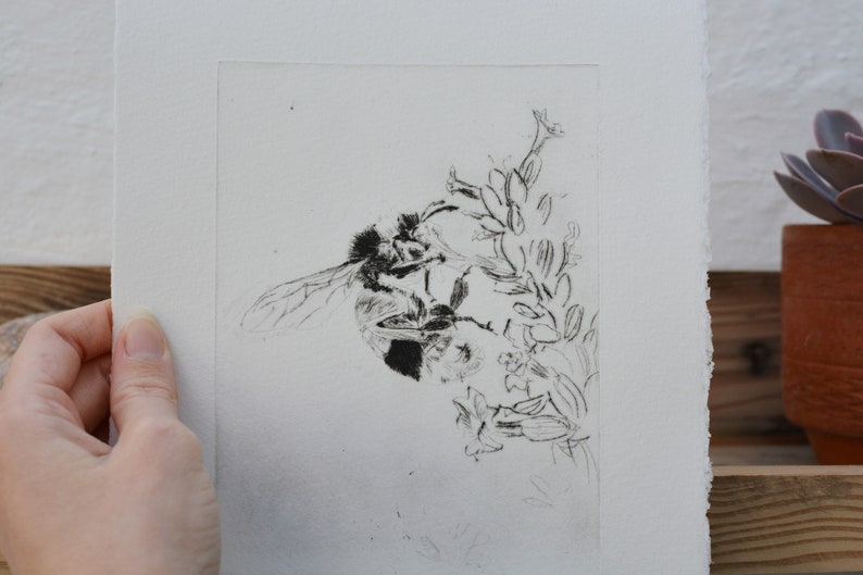 Bumblee Bee Print Black and White , Handmade original print, drypoint. image 6