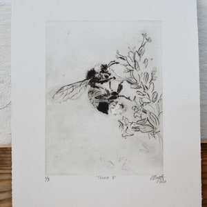 Bumblee Bee Print Black and White , Handmade original print, drypoint. image 7