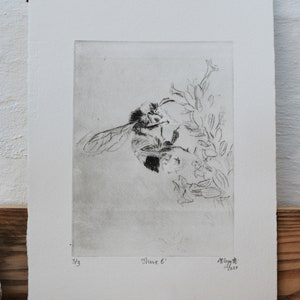 Bumblee Bee Print Black and White , Handmade original print, drypoint. image 9