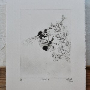 Bumblee Bee Print Black and White , Handmade original print, drypoint. image 8