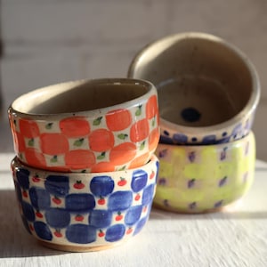 Handmade Ceramic Bowls – Fruit & Checker Pattern | Colorful Pottery Kitchenware | Small Snack Bowl, Ice Cream Dish, Prep Bowl, Ramekin