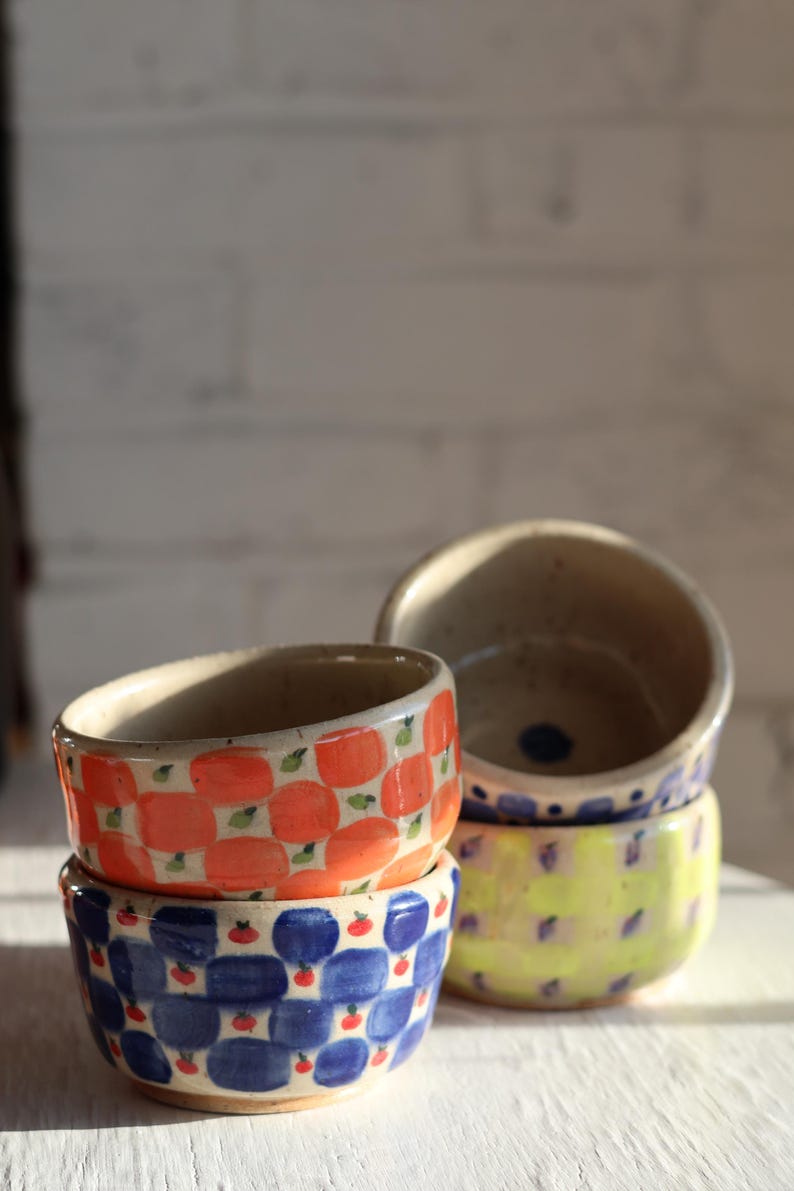 Handmade Ceramic Bowls: Fruit & Checkerboard Pattern - Colorful Kitchenware
