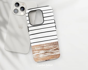 Funda de madera para teléfono: diseño de rayas bohemias - Ajuste fino y protector