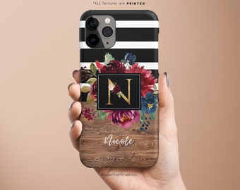 Floral Initial Phone Case - Striped Wood Pattern, Slim or Tough Style
