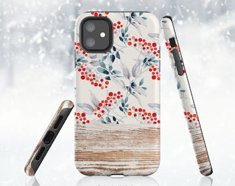 Floral Berries Phone Case: Wood Texture Print, Glossy or Matte