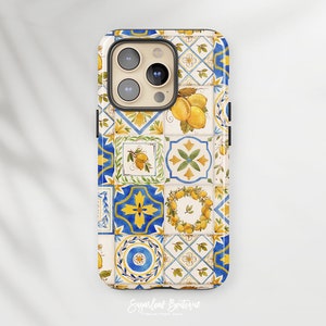 Italian Tile Art Phone Case Blue and Yellow Lemon Portuguese Tile Mediterranean Tile Folk Art iPhone and Samsung Protective Slim Fit Covers
