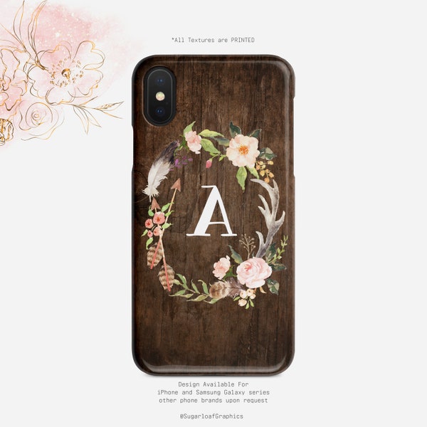 Initial Phone Case Boho Chic Wood Grain iPhone Case Floral Wreath Samsung Case    Google  Nfi