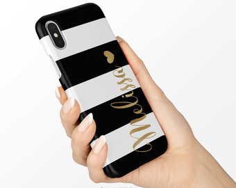 Personalized Phone Case Black and White Striped iPhone Case Gold Foil Heart Google  Monogramed Samsung Case First Name  Case Nfs