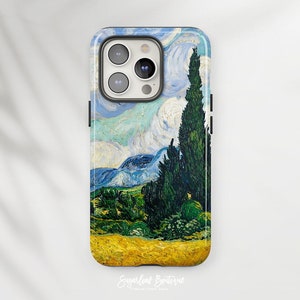 May include: A phone case displaying a landscape painting with green cypress trees, yellow fields, and blue skies. The case has a glossy finish and a camera cutout. The painting style is reminiscent of Van Gogh.