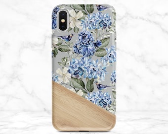 Phone Case: Blue Hydrangea Bird Design - Wood Grain Style