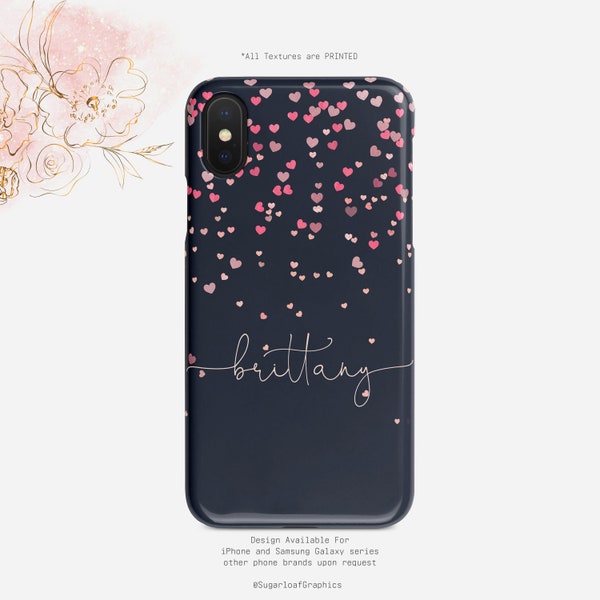 Personalized Phone Case Navy Blue iPhone Case Pink Heart Confetti Pattern Samsung Case   Google  Nfi