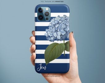 Blue Hydrangea Phone Case Personalized iPhone Case Navy Blue Stripes  Watercolor iPhone X Case iPhone XR Case iPhone XS Case Nf