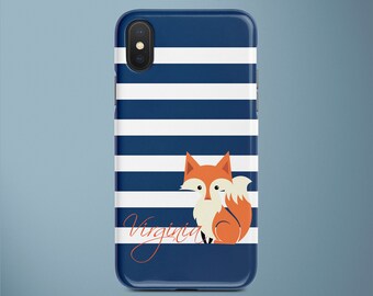 Cute Fox Phone Case Personalized iPhone Case Orange Navy Blue Stripes  iPhone X Case iPhone XR Case iPhone XS Case XS Max Case Nf