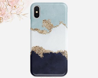 Funda para teléfono en color verde menta y azul marino - Diseño con purpurina dorada, delgada o resistente