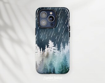 May include: A phone case featuring a watercolor forest scene under a starry night sky with falling rain. The design includes white and green trees, with a dark blue and white background. The case has a black border.