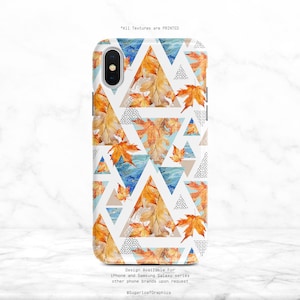 May include: A phone case with a geometric pattern featuring autumn leaves in shades of orange, yellow, and brown. The background is a white canvas with blue and gray triangles.