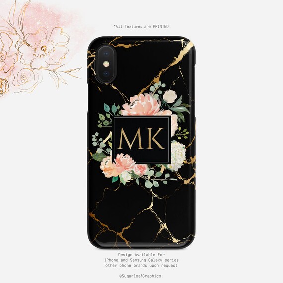Initial Phone Case Black and Gold Marble iPhone Case Floral Etsy