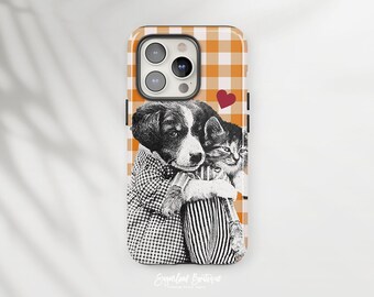 Vintage Puppy Kitten Hug Phone Case - Orange Gingham, Protective Cover