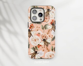 Floral Phone Case: Nature-Inspired Peach Blossom and Bee (Slim or Tough)