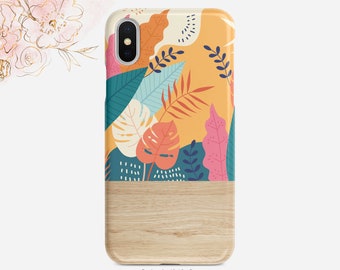 Tropical Leaves Phone Case Colorful Abstract Art iPhone Case Wood Grain Samsung Case    Google Case Nfi