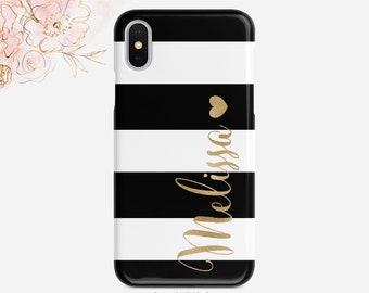 Funda para teléfono a rayas: nombre con detalles dorados (ajuste fino o resistente)